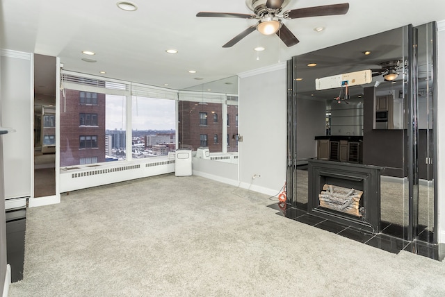 8200 E Jefferson Ave Unit 1811, Detroit, MI 48214 - carpeted living room with ceiling fan and ornamental molding