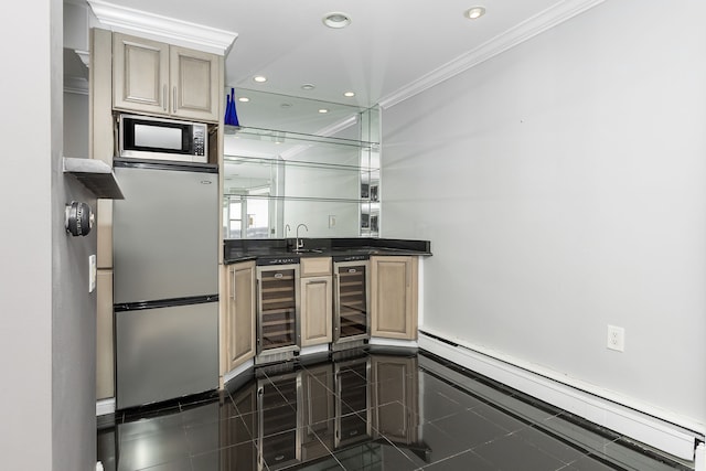 8200 E Jefferson Ave Unit 1811, Detroit, MI 48214 - kitchen with crown molding, a baseboard radiator, wine cooler, and stainless steel appliances