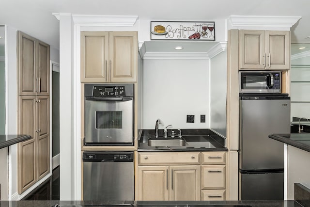 8200 E Jefferson Ave Unit 1811, Detroit, MI 48214 - kitchen featuring sink, ornamental molding, and appliances with stainless steel finishes