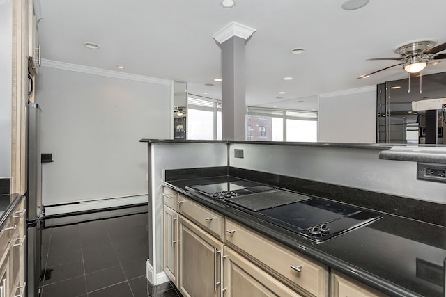 8200 E Jefferson Ave Unit 1811, Detroit, MI 48214 - kitchen with ceiling fan, dark tile patterned flooring, black electric stovetop, and crown molding