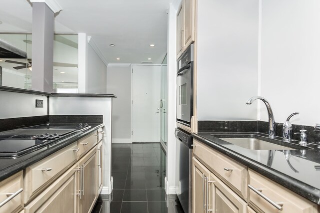 8200 E Jefferson Ave Unit 1811, Detroit, MI 48214 - kitchen featuring light brown cabinetry, appliances with stainless steel finishes, dark tile patterned flooring, sink, and dark stone countertops