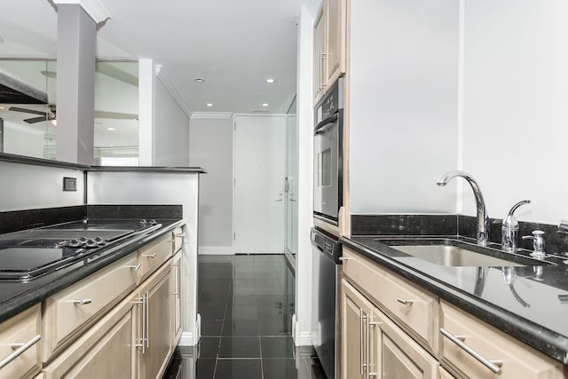 8200 E Jefferson Ave Unit 1811, Detroit, MI 48214 - kitchen with dark tile patterned floors, light brown cabinetry, sink, dark stone countertops, and stainless steel appliances