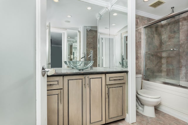 8200 E Jefferson Ave Unit 1811, Detroit, MI 48214 - full bathroom featuring shower / bath combination with glass door, vanity, ornamental molding, and toilet