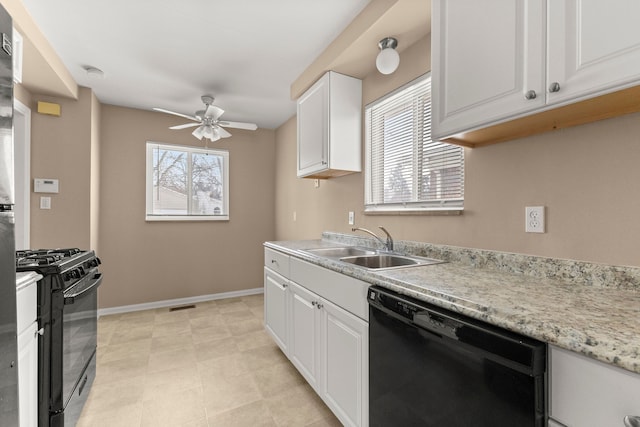 kitchen featuring black appliances, ceiling fan, sink, and white cabinetry