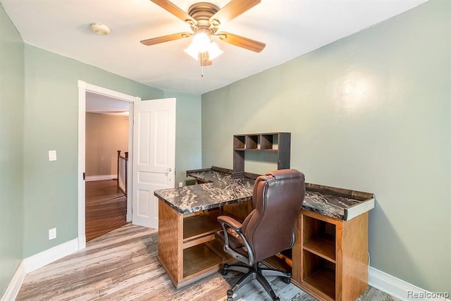 office area featuring light wood-type flooring and ceiling fan