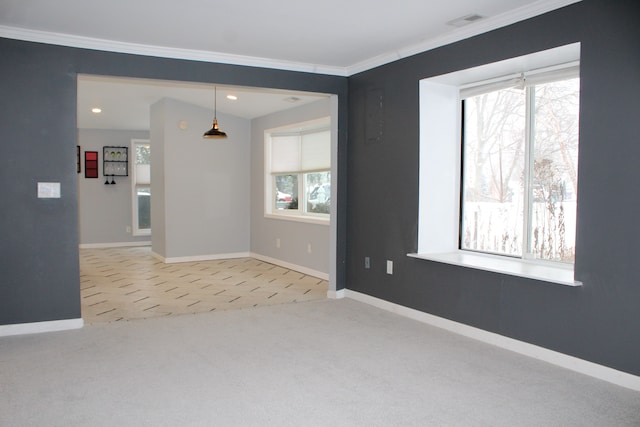 carpeted spare room featuring crown molding