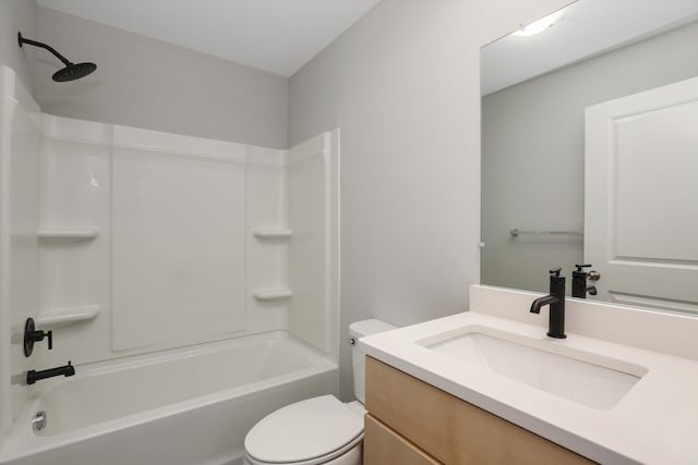 full bathroom featuring tub / shower combination, toilet, and vanity