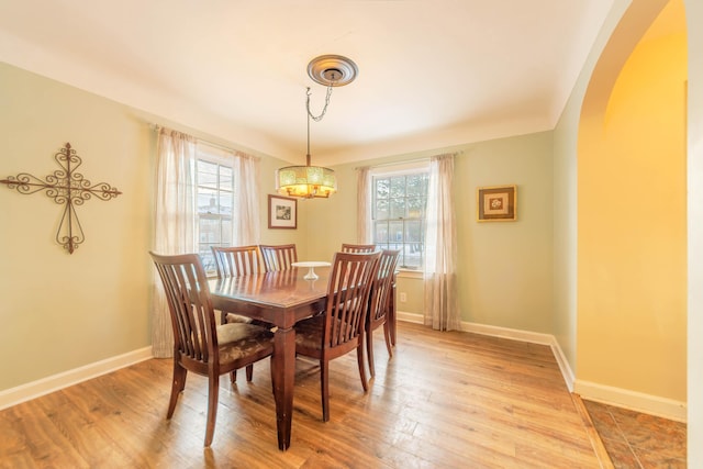 dining room with a wealth of natural light, an inviting chandelier, and light hardwood / wood-style flooring