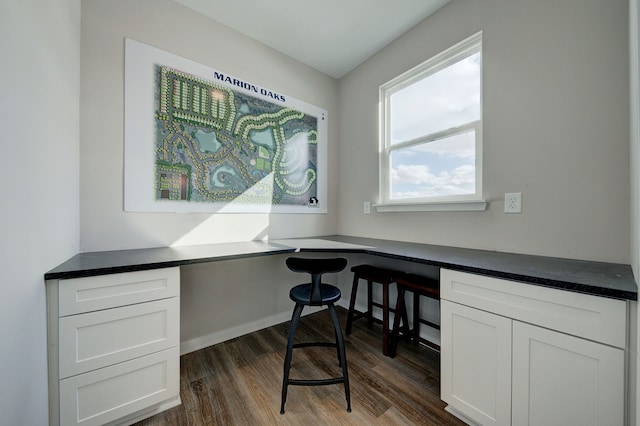 office with built in desk and dark hardwood / wood-style floors