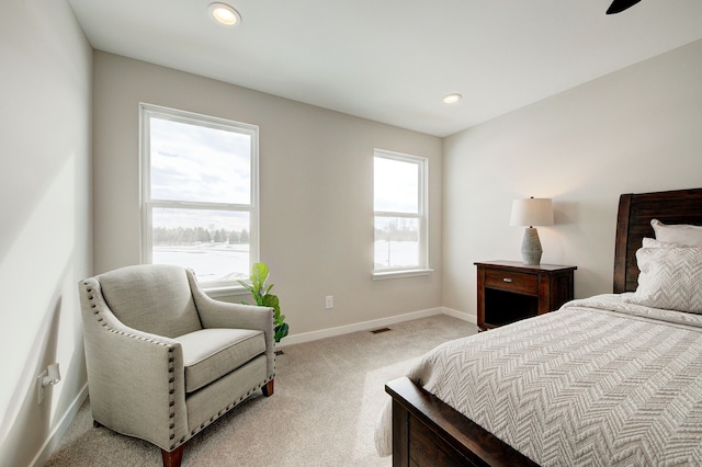 bedroom with light colored carpet