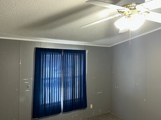 spare room featuring a textured ceiling, ceiling fan, and crown molding