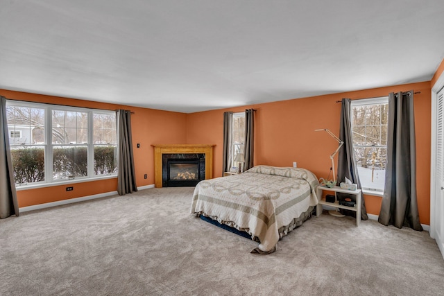 bedroom featuring a closet, carpet floors, and multiple windows