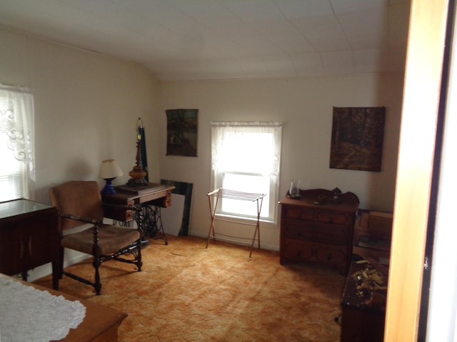 sitting room featuring light colored carpet