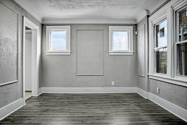 unfurnished room featuring a textured ceiling, dark hardwood / wood-style flooring, and a healthy amount of sunlight