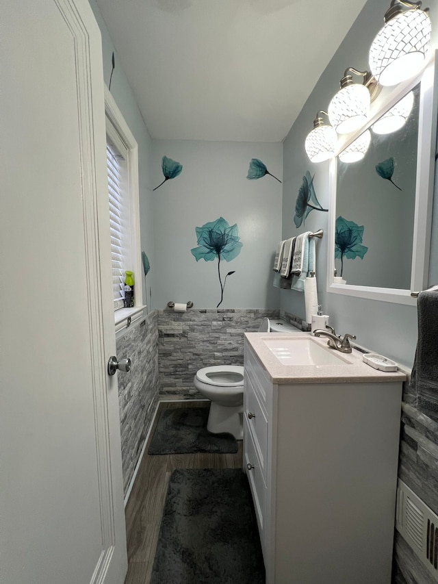 bathroom with wood-type flooring, toilet, and vanity