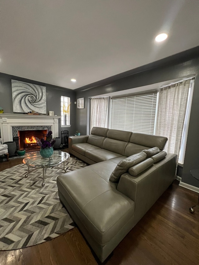 living room featuring a premium fireplace and hardwood / wood-style flooring