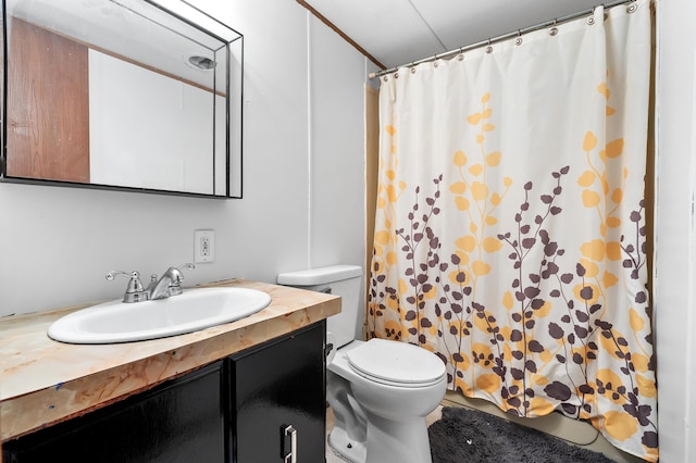 bathroom with toilet, vanity, and a shower with shower curtain