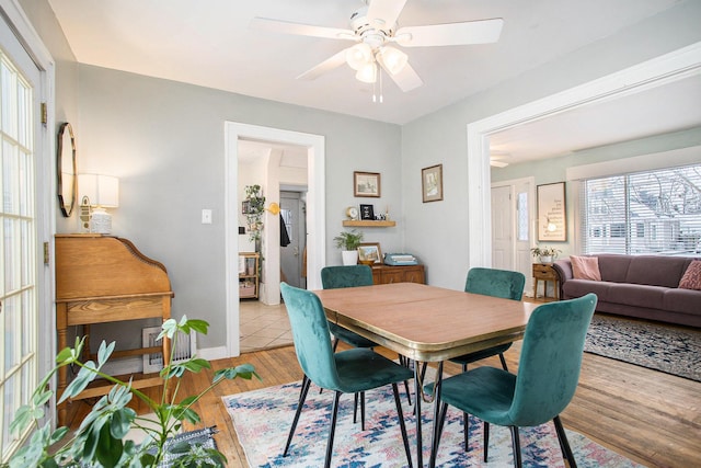 dining space featuring ceiling fan and light hardwood / wood-style floors