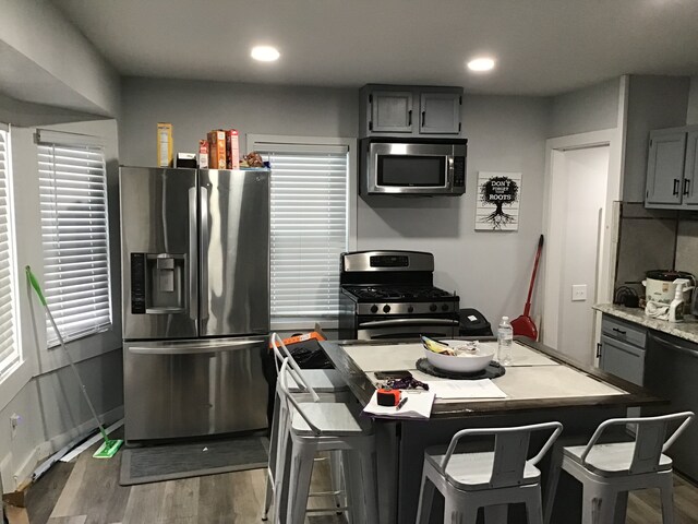 kitchen with stainless steel appliances, wood-type flooring, gray cabinetry, and a kitchen breakfast bar