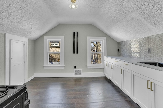 bonus room featuring lofted ceiling, dark wood-type flooring, a healthy amount of sunlight, and a textured ceiling