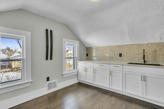 interior space featuring plenty of natural light, sink, a textured ceiling, and lofted ceiling