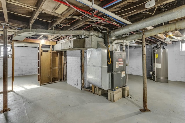 basement with heating unit and gas water heater