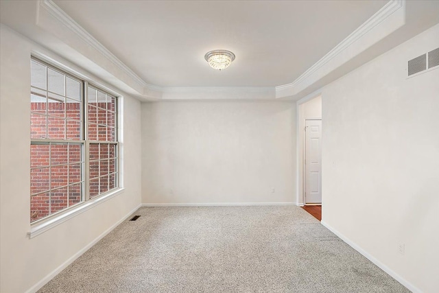 carpeted spare room with a raised ceiling and ornamental molding