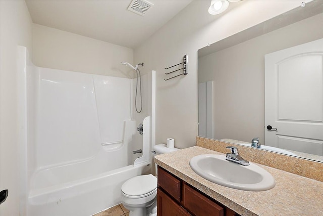 full bathroom with shower / bath combination, toilet, vanity, and tile patterned flooring