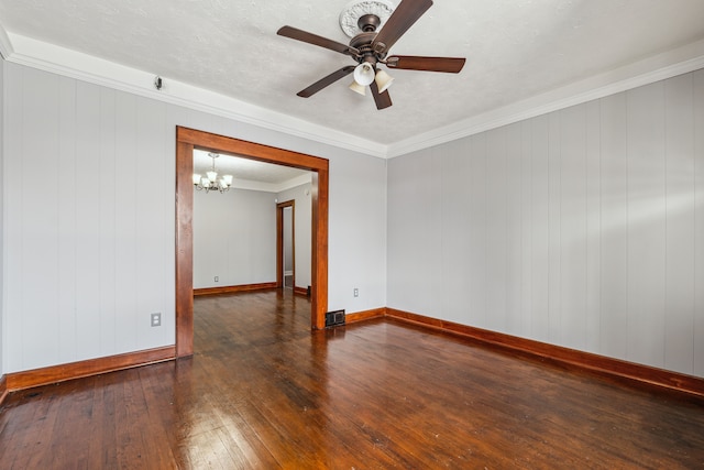 spare room with dark wood-style flooring, ornamental molding, a textured ceiling, baseboards, and ceiling fan with notable chandelier