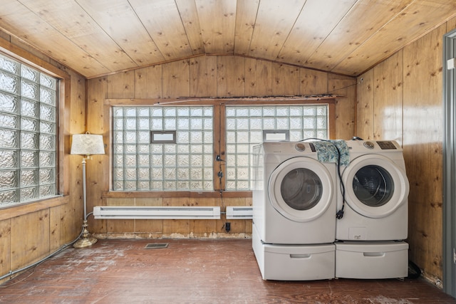 washroom with wood ceiling, laundry area, a baseboard radiator, and washer and clothes dryer