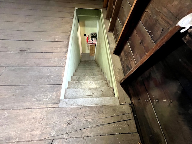 stairway with wood walls