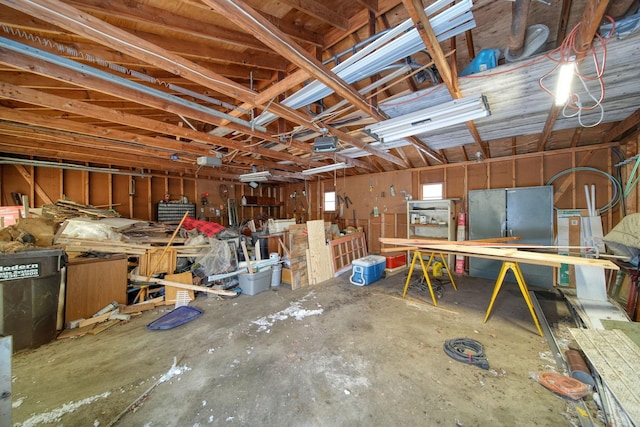 garage featuring a garage door opener and a workshop area