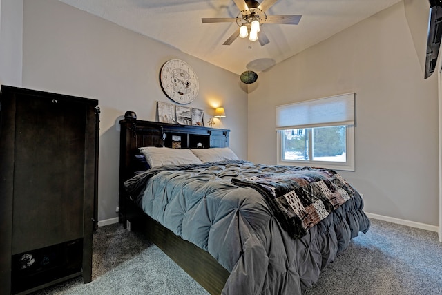 bedroom featuring ceiling fan, carpet floors, and lofted ceiling