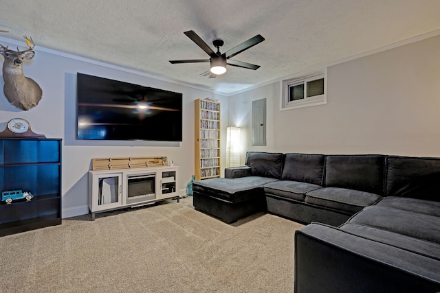 carpeted living room with ceiling fan, a textured ceiling, and ornamental molding