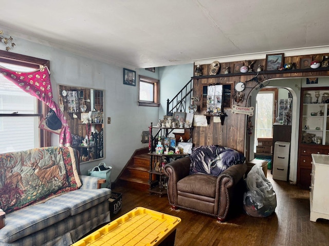 living room with dark hardwood / wood-style floors