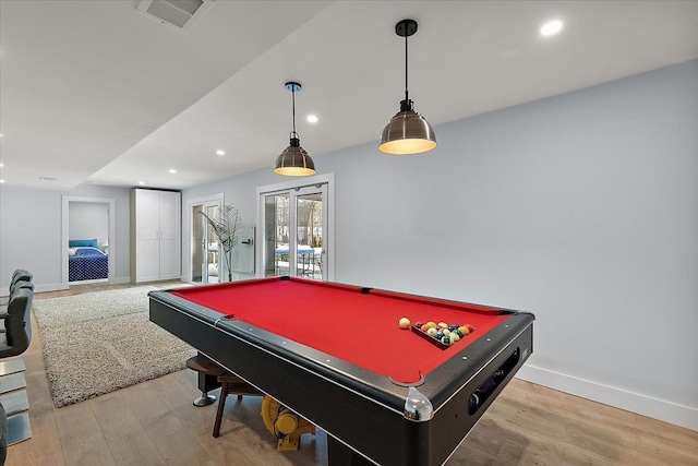 game room with recessed lighting, pool table, visible vents, baseboards, and light wood-type flooring