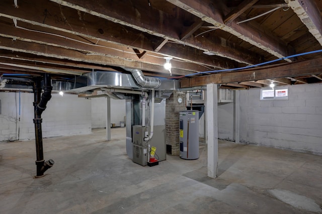 basement featuring electric water heater and heating unit