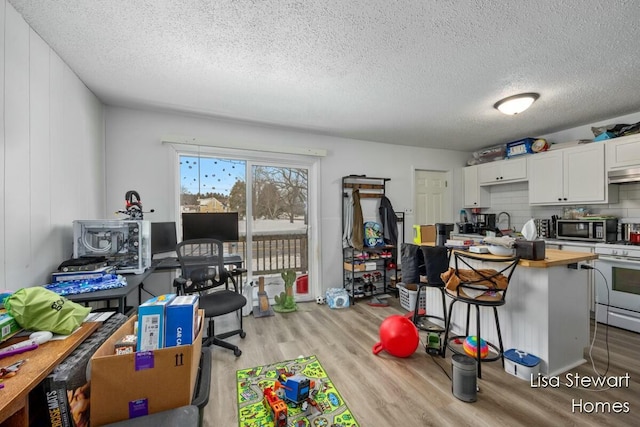 interior space featuring light hardwood / wood-style floors and a textured ceiling