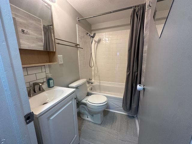 full bathroom with backsplash, toilet, vanity, and shower / tub combo