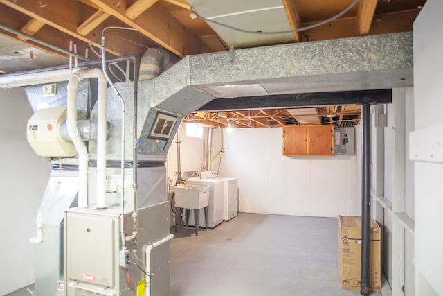 basement featuring sink, washer and clothes dryer, and electric panel