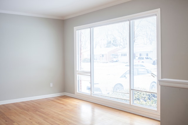 empty room with crown molding and light hardwood / wood-style floors