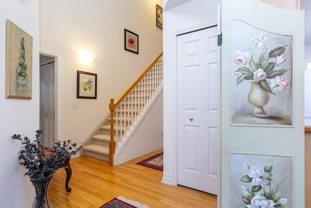 foyer entrance featuring a high ceiling and hardwood / wood-style floors