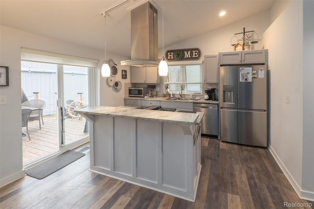 50848 Ashley St, New Baltimore, MI 48047 - kitchen featuring appliances with stainless steel finishes, gray cabinets, island range hood, backsplash, and a kitchen island