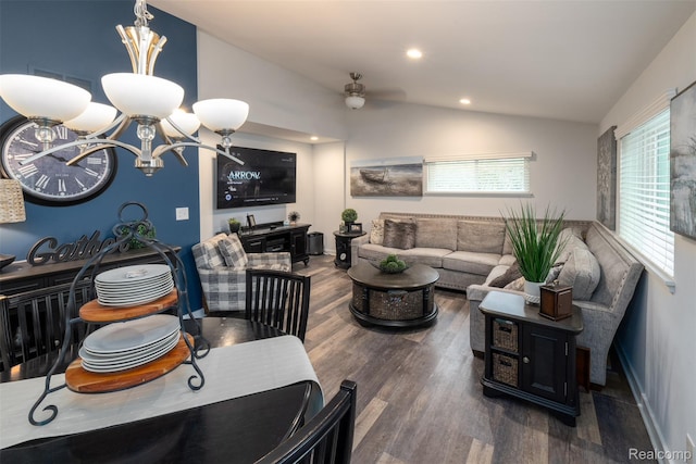 50848 Ashley St, New Baltimore, MI 48047 - living area featuring lofted ceiling, wood finished floors, a chandelier, a ceiling fan, and recessed lighting