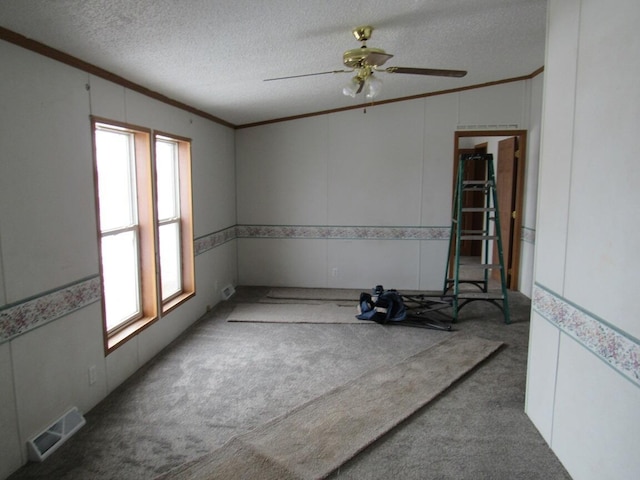 carpeted empty room with ceiling fan, plenty of natural light, and a textured ceiling