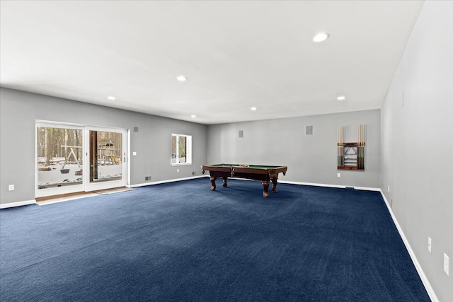 game room featuring pool table and dark colored carpet