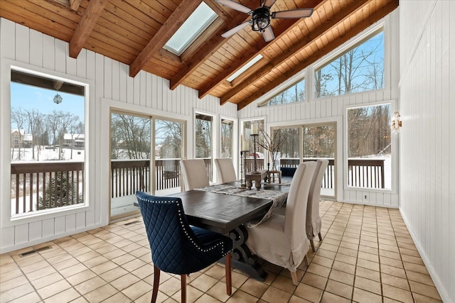 sunroom with ceiling fan, wooden ceiling, and lofted ceiling with skylight