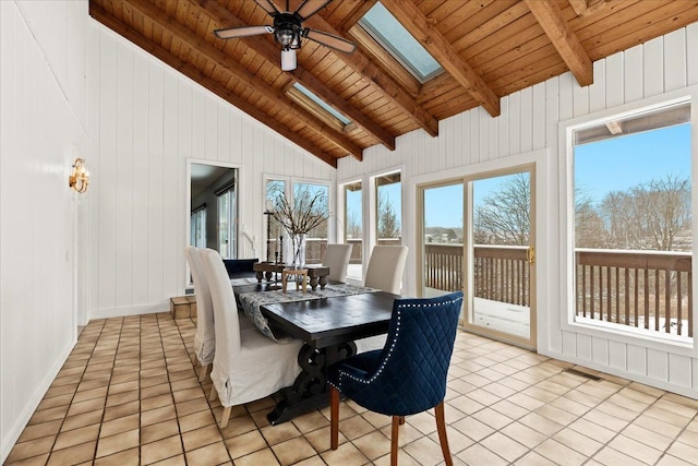 sunroom featuring ceiling fan, wood ceiling, and lofted ceiling with skylight