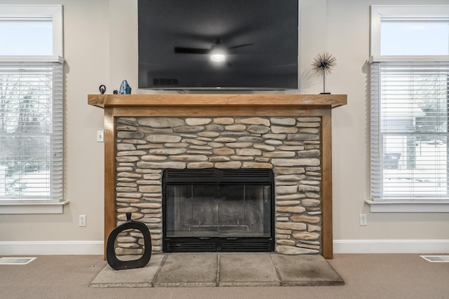 room details with carpet flooring and a fireplace