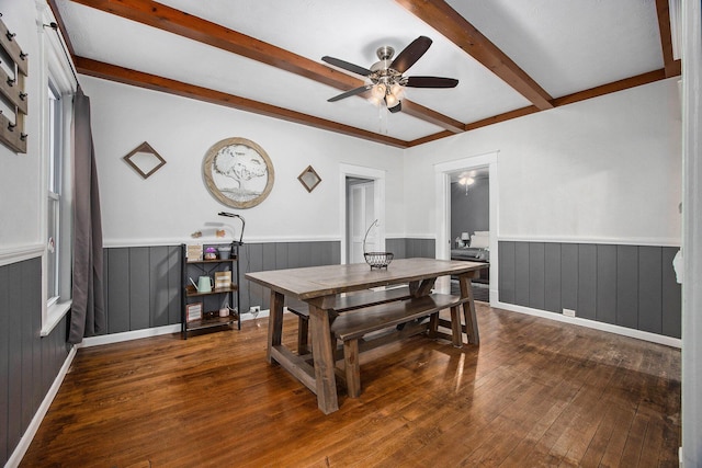 dining space with dark wood-type flooring and ceiling fan